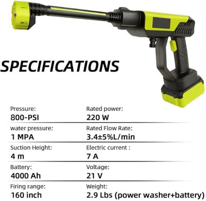 Infinite High-Pressure Car Wash Machine 1200 PSI - Portable Electric Washer with 45min Runtime 6-in-1 Nozzle Ergonomic Handle